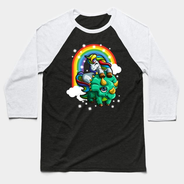 Unicorn Riding Triceratops Cute Dinosaur Rainbow Magical Baseball T-Shirt by Blink_Imprints10